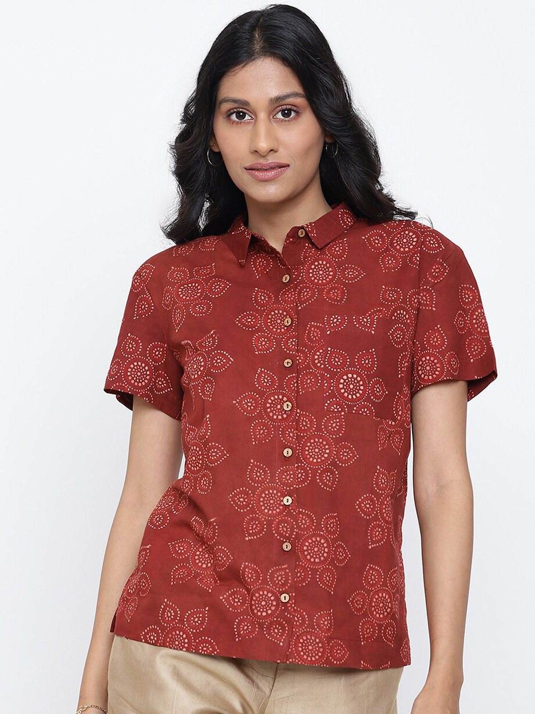 

Fabindia Women Red & Off White Printed Cotton Casual Shirt