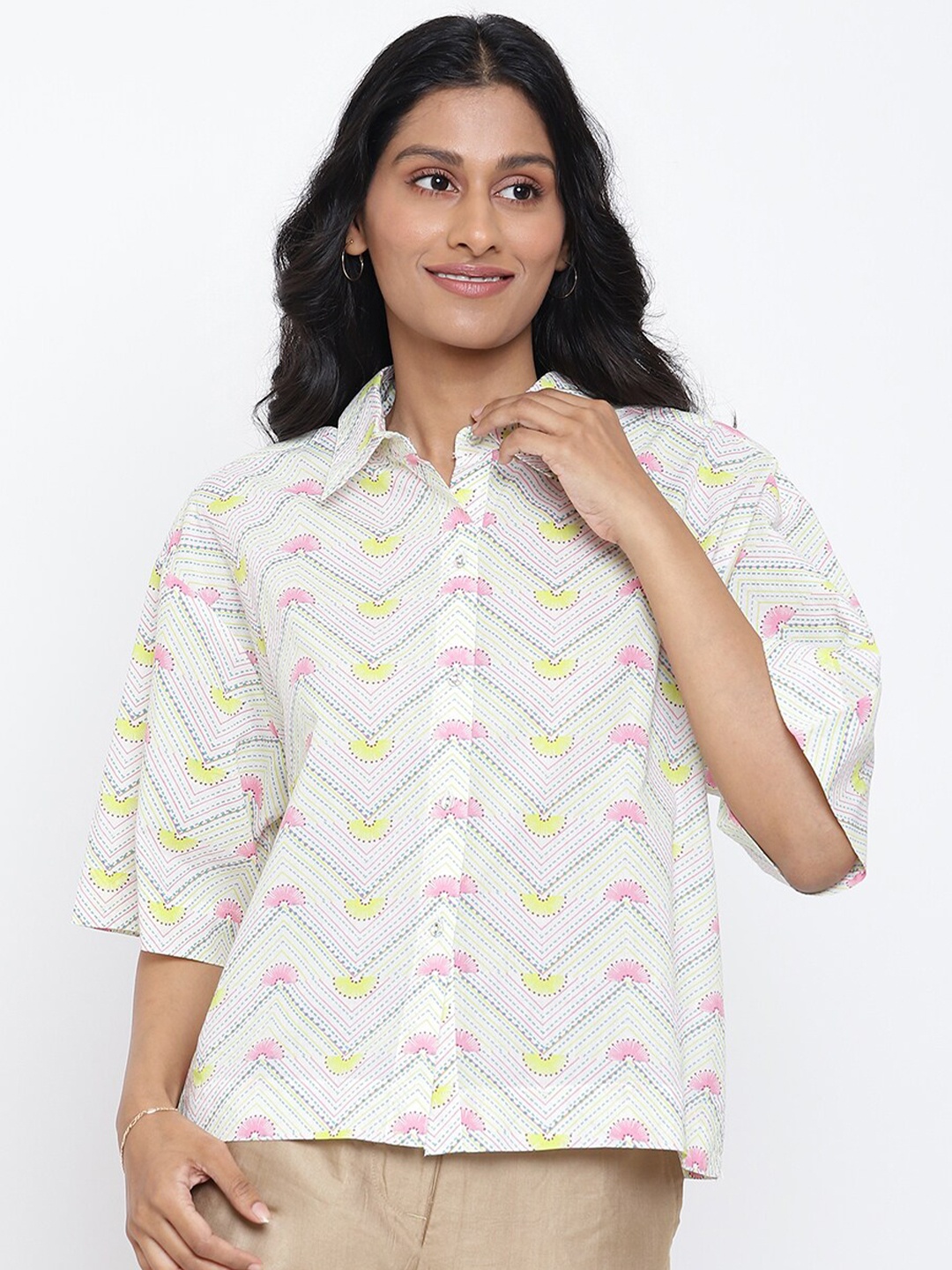 

Fabindia Women White & Pink Printed Cotton Casual Shirt