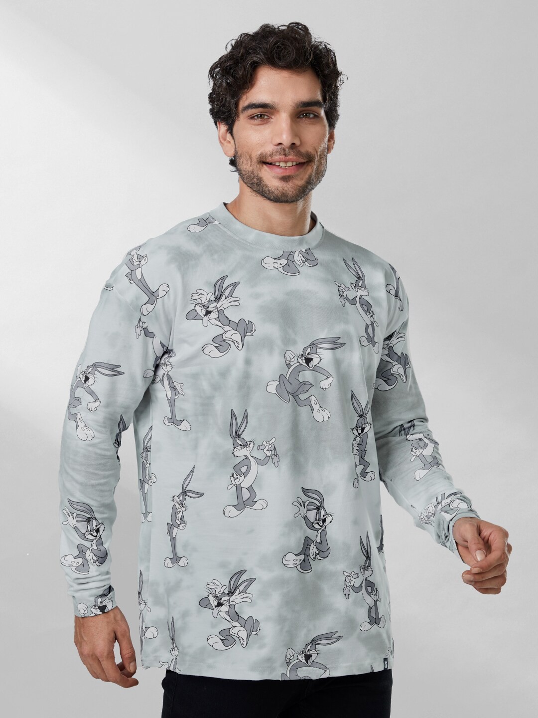 

The Souled Store Men Grey Tie & Dye Looney Tunes Bugs Print Oversized T-Shirt