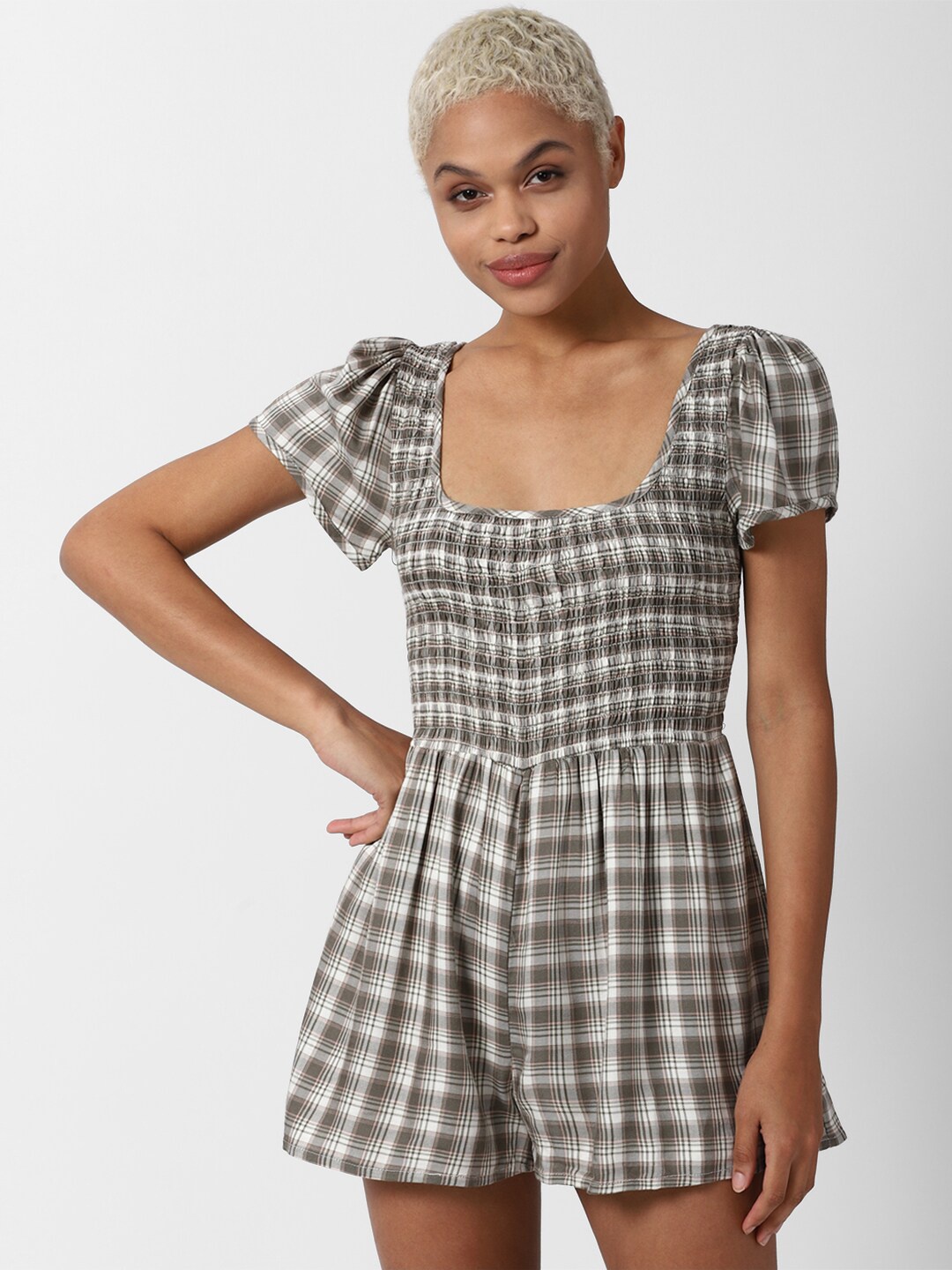 

FOREVER 21 Grey & White Checked Playsuit