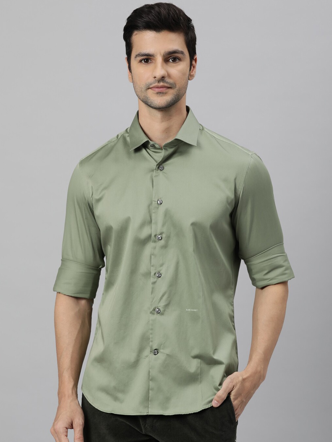 

RARE RABBIT Men Bang Slim Fit Cotton Shirt, Green