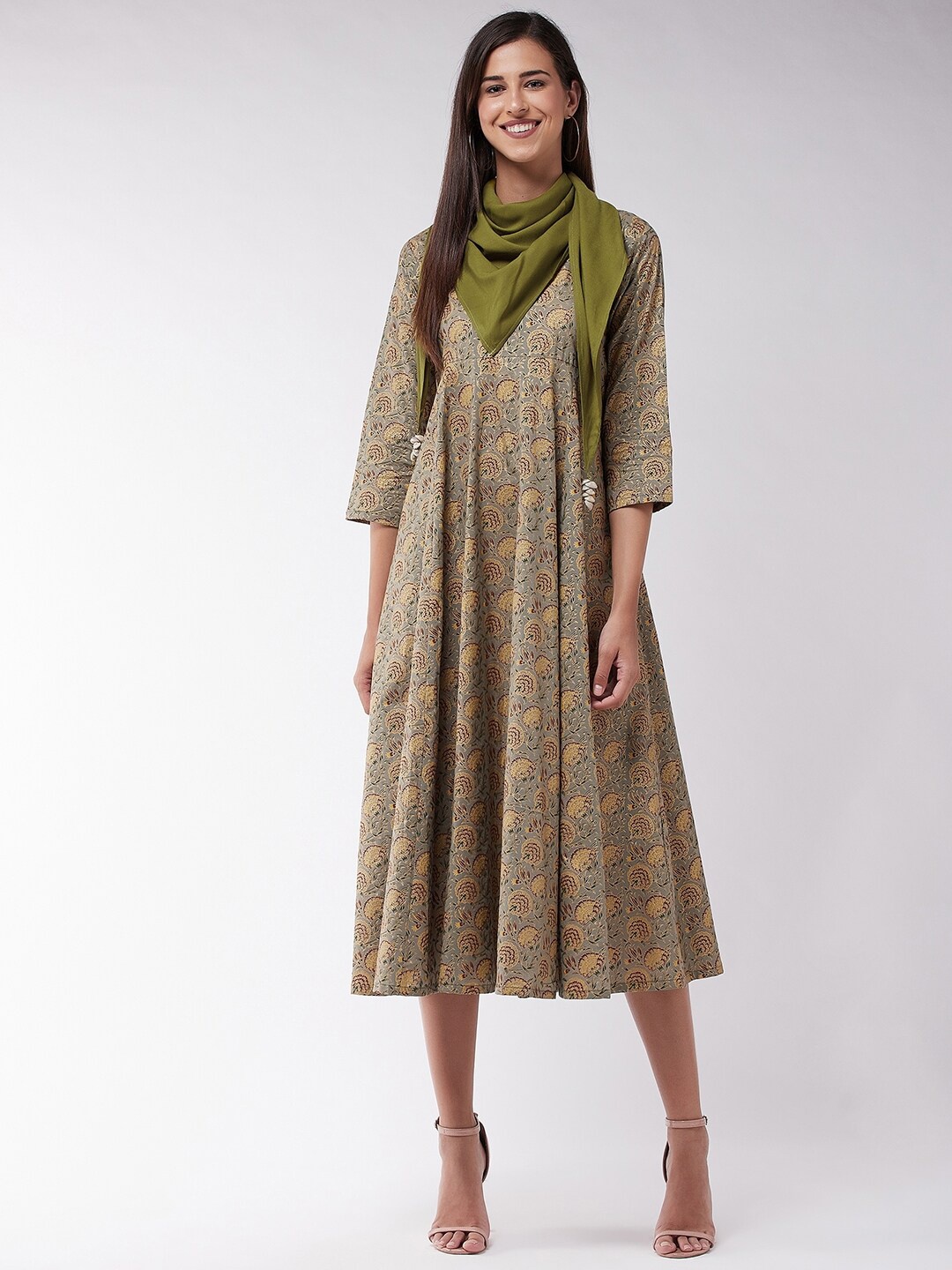 

InWeave Women Green Ethnic Motifs Printed A-Line Midi Dress