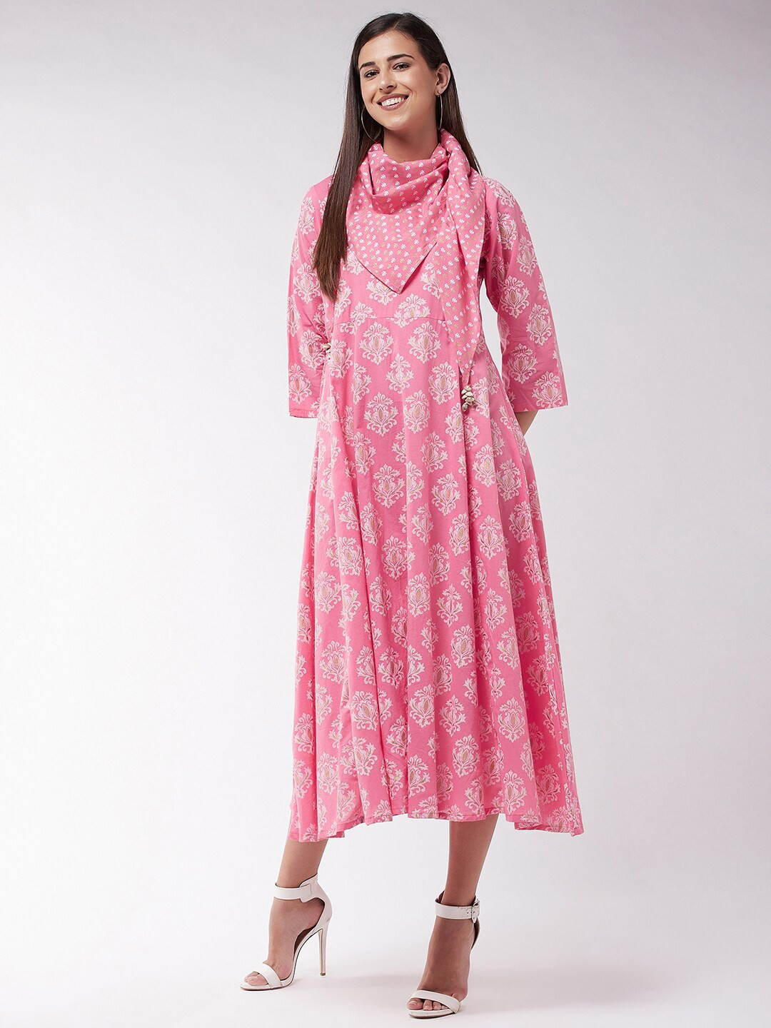 

InWeave Pink Ethnic Motifs A-Line Midi Dress With Stole
