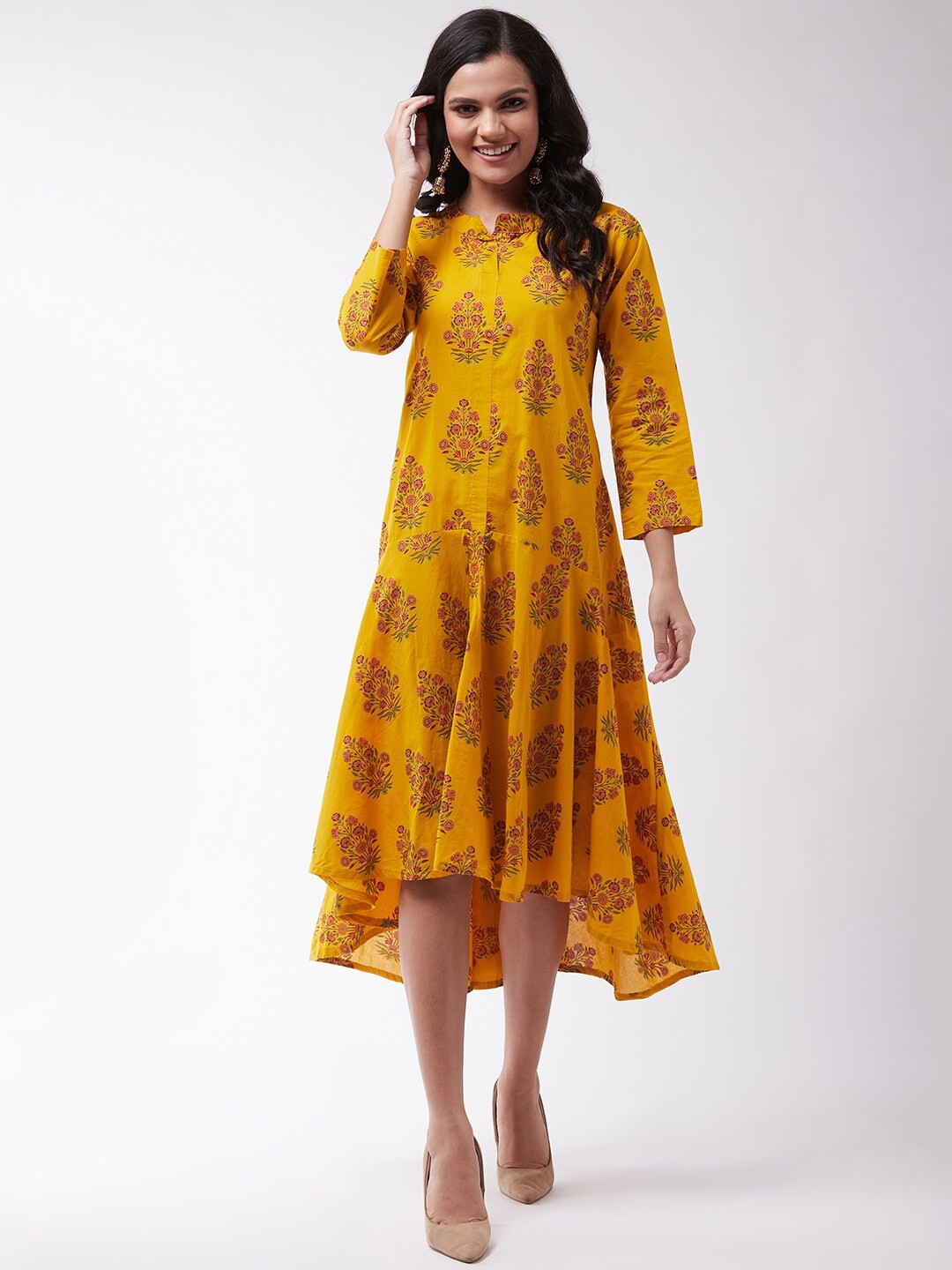 

InWeave Women Mustard Yellow Floral A-Line Midi Cotton Dress