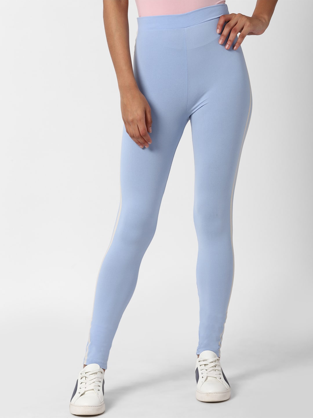 

FOREVER 21 Women Blue & White Striped Ankle-Length Leggings