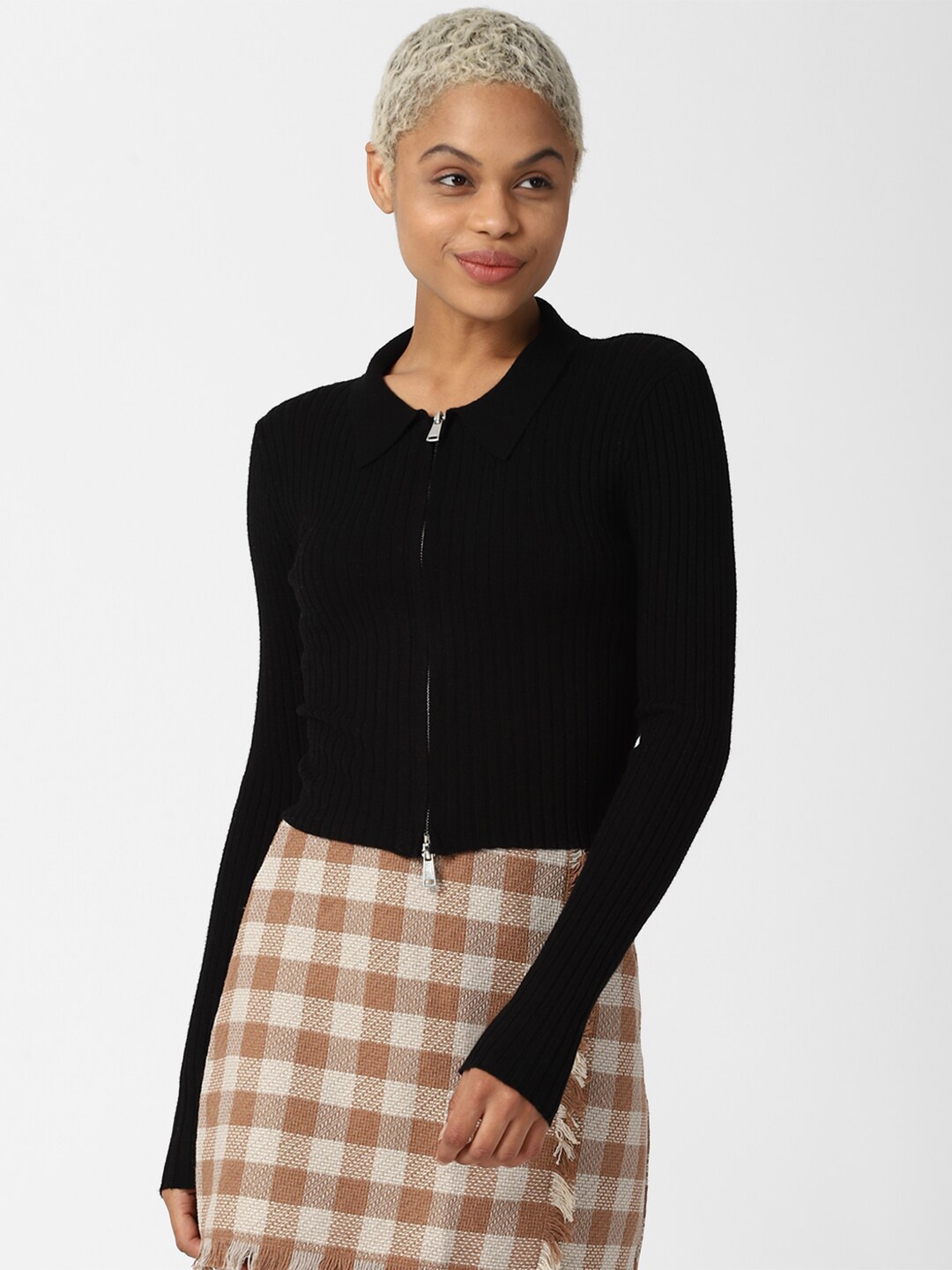 

FOREVER 21 Women Black Ribbed Cardigan with Zip Detail