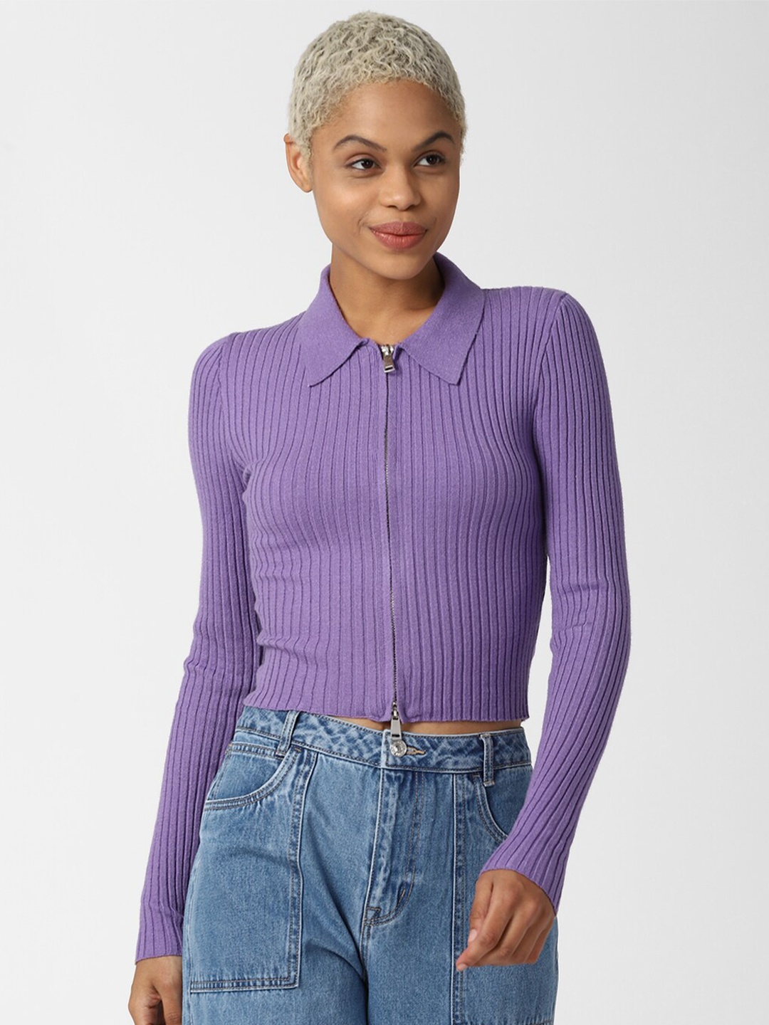 

FOREVER 21 Women Purple Ribbed Cardigan with Zip Detail
