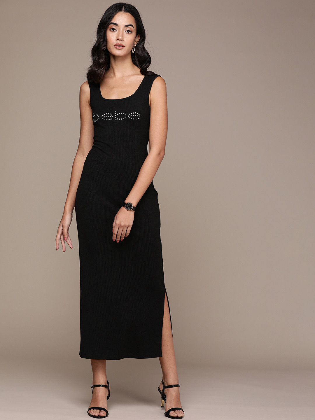

bebe Black EssentialEmbellished Ribbed Bodycon Maxi Dress