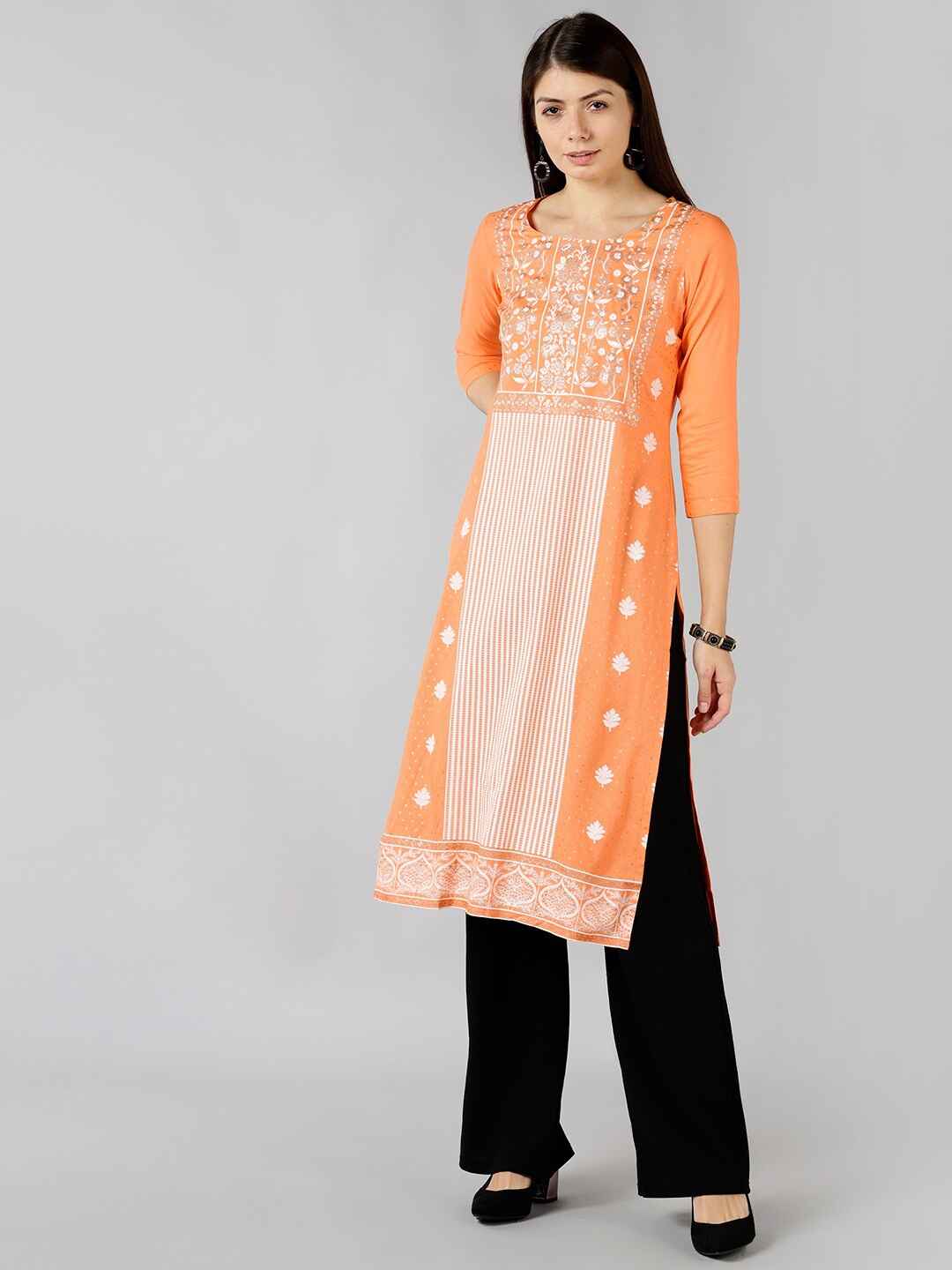 

Bani Women Orange & White Floral Printed Floral Liva Kurta