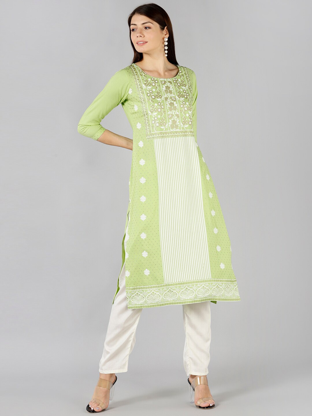 

Bani Women Green & White Ethnic Motifs Printed Liva Kurta