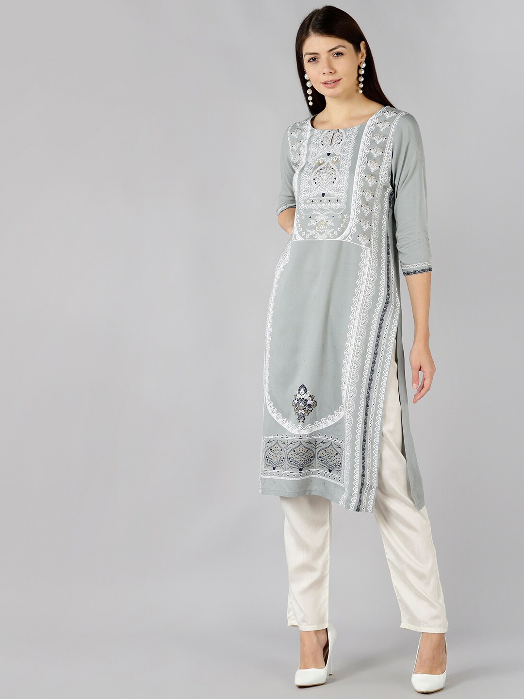 

Bani Women Grey & White Ethnic Motifs Printed Liva Kurta