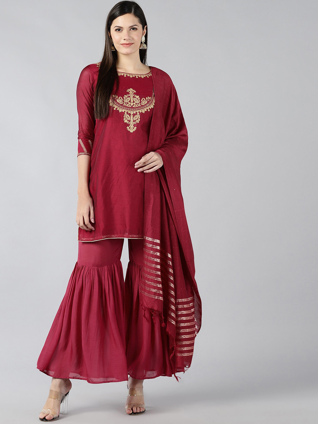 

Bani Women Maroon Yoke Design Panelled Chanderi Cotton Kurti with Sharara & With Dupatta