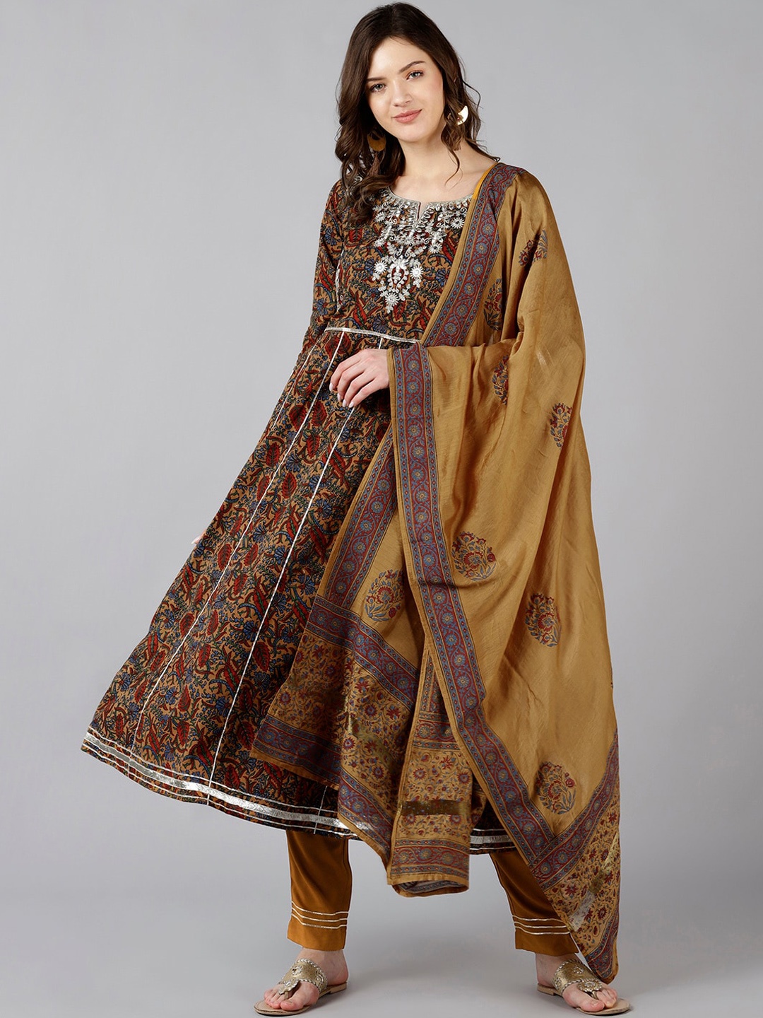 

Bani Women Brown Ethnic Motifs Embroidered Empire Pure Cotton Kurti with Trousers & With Dupatta