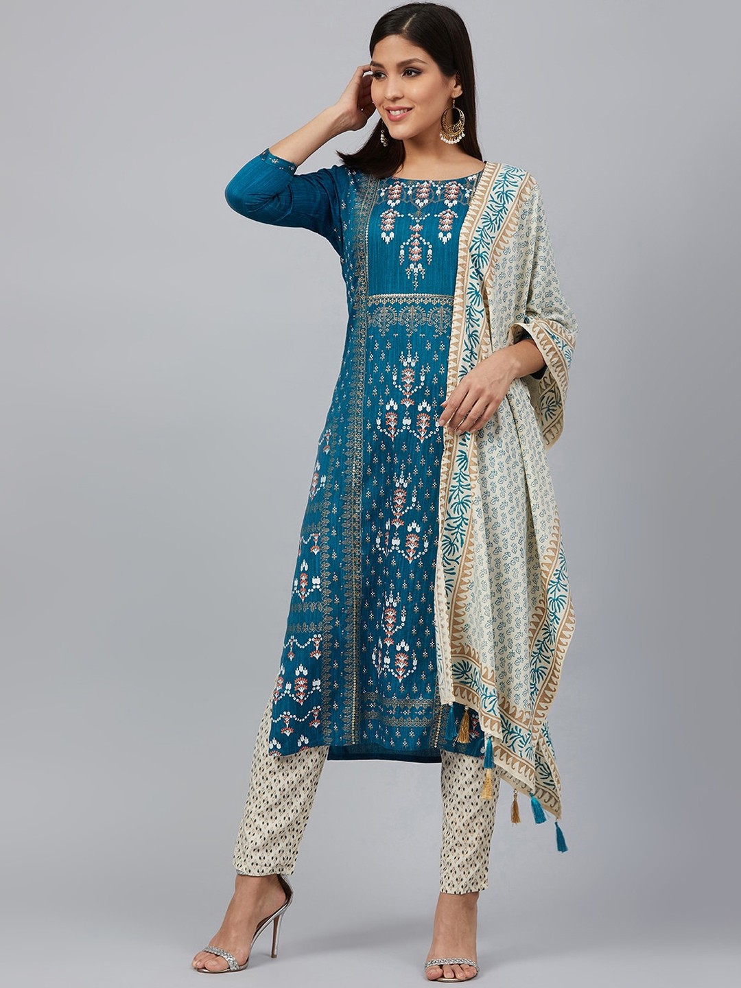 

Bani Women Blue Ethnic Motifs Printed Layered Liva Kurta with Trousers & Dupatta