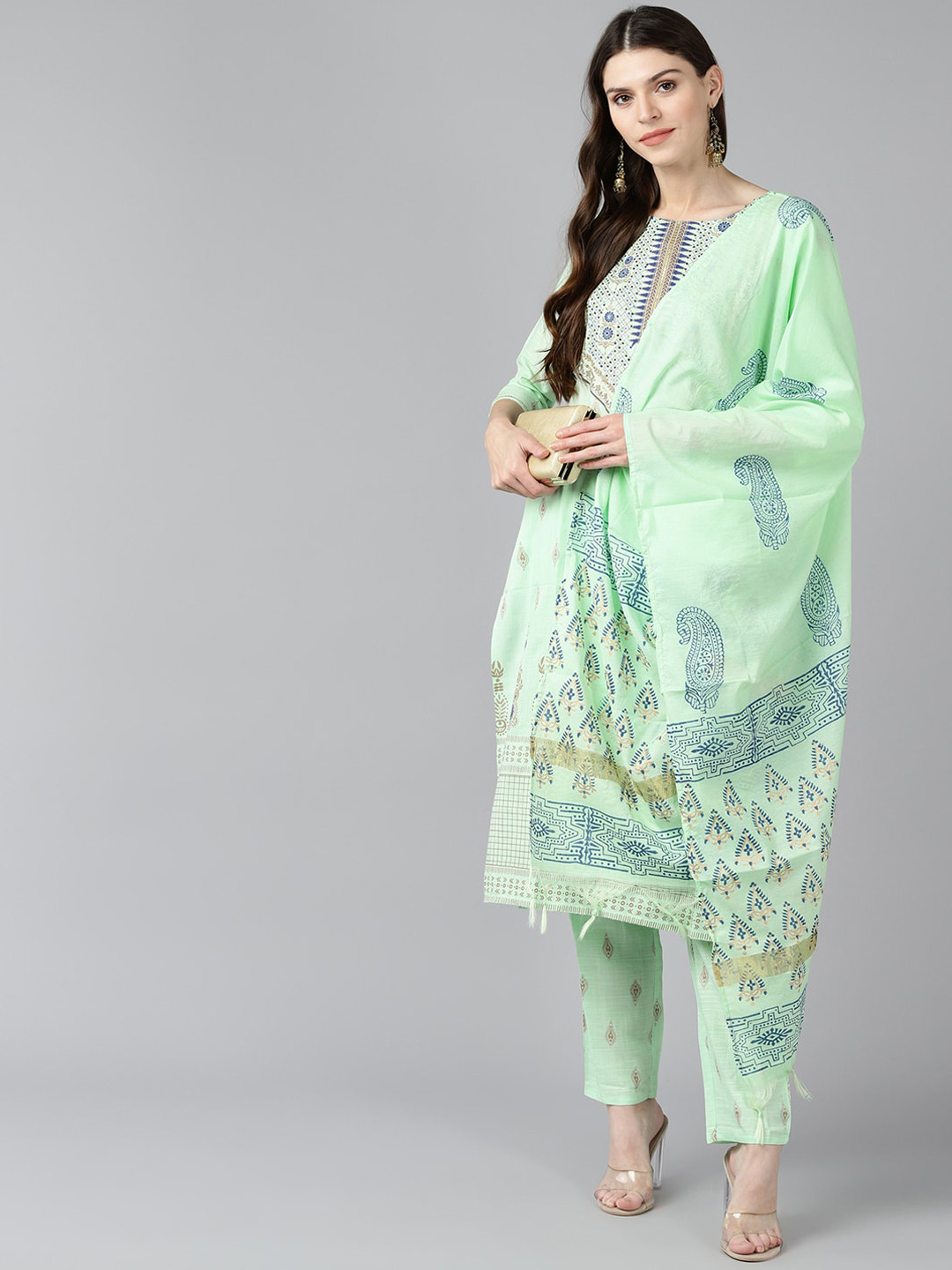 

Bani Green Ethnic Motifs Printed Liva Kurta with Trousers & Dupatta