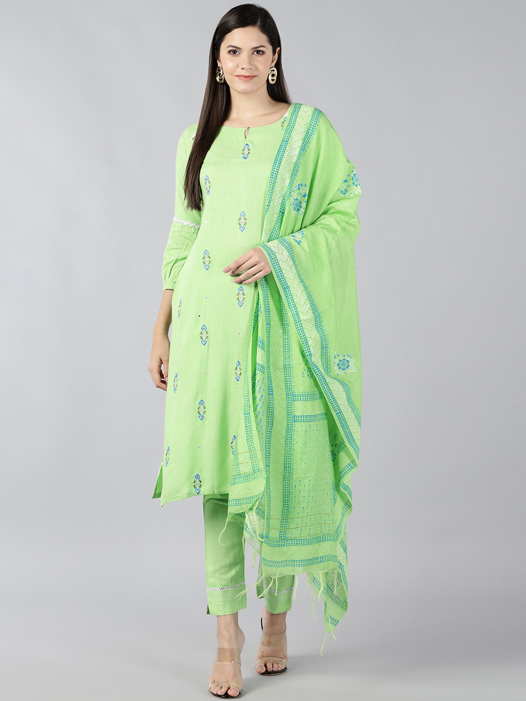 

Bani Women Green Floral Embroidered Panelled Liva Kurti with Trousers & With Dupatta