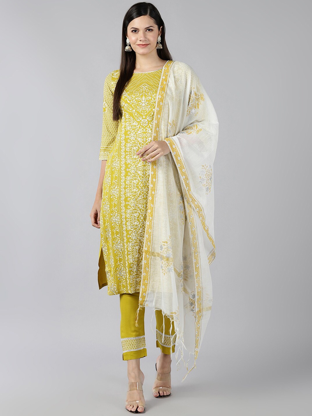 

Bani Women Green Floral Printed Liva Kurta with Trousers & Dupatta