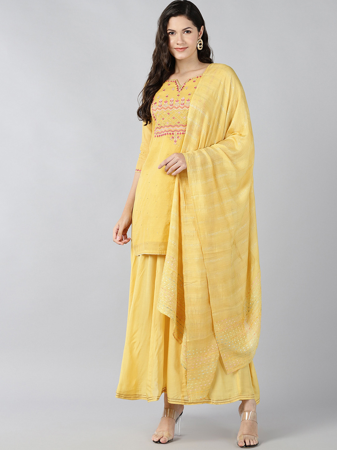 

Bani Yellow Embroidered Yoke Design Chanderi Cotton Kurta with Sharara & Dupatta
