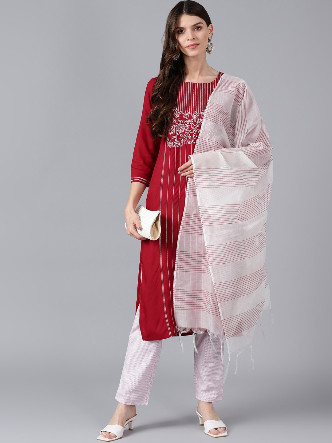 

Bani Women Red Liva Kurta with Trousers & With Dupatta