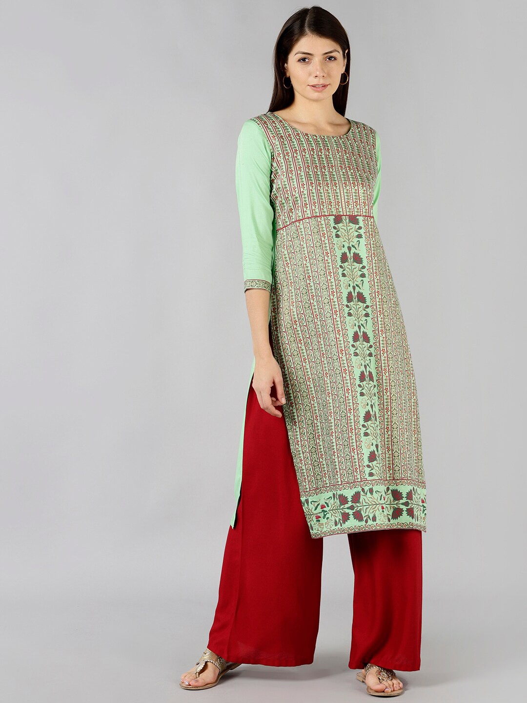 

Bani Women Green & Red Floral Printed Liva Kurta