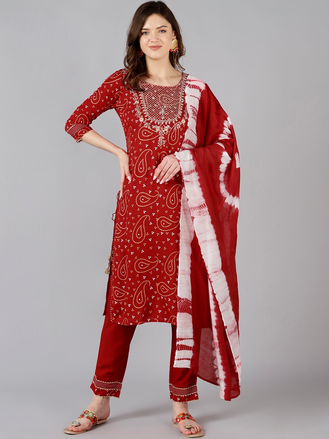 

Bani Red Ethnic Bandhani Printed Liva Kurta with Trousers & Dupatta