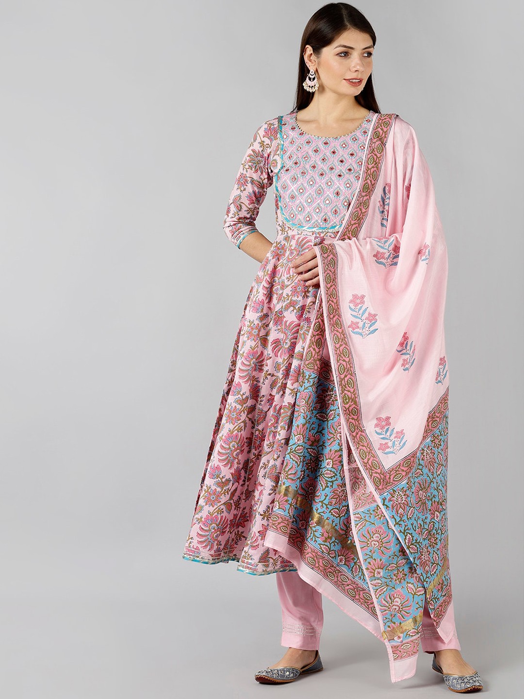 

Bani Women Pink Floral Print Pure Cotton Mirror Work Anarkali Kurta Set