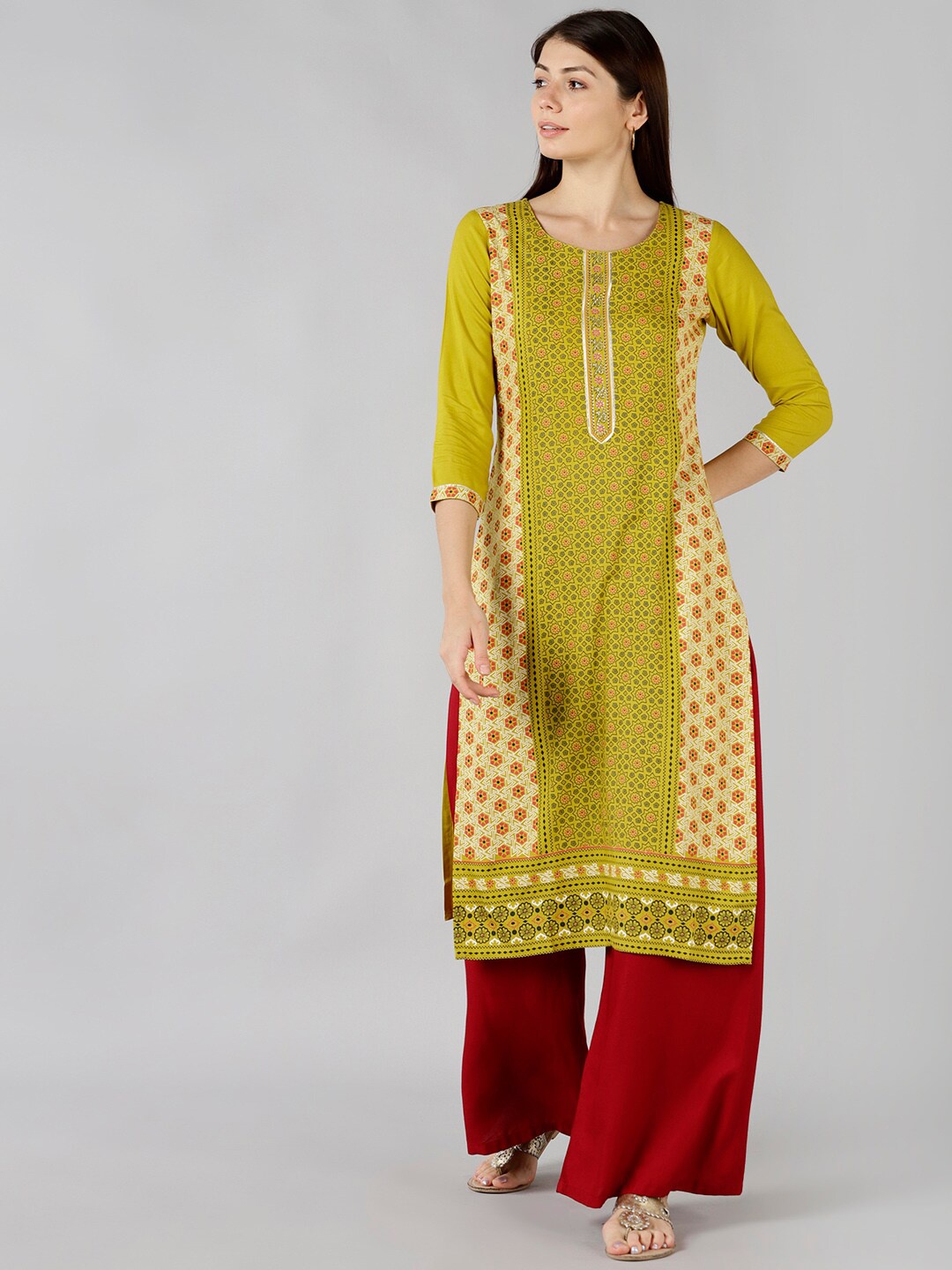 

Bani Women Yellow & Red Geometric Printed Block Print Liva Kurta