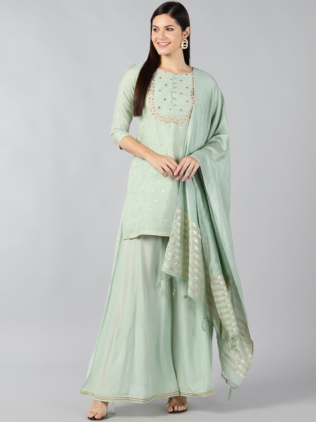 

Bani Women Green Floral Embroidered Chanderi Cotton Kurti with Sharara & With Dupatta
