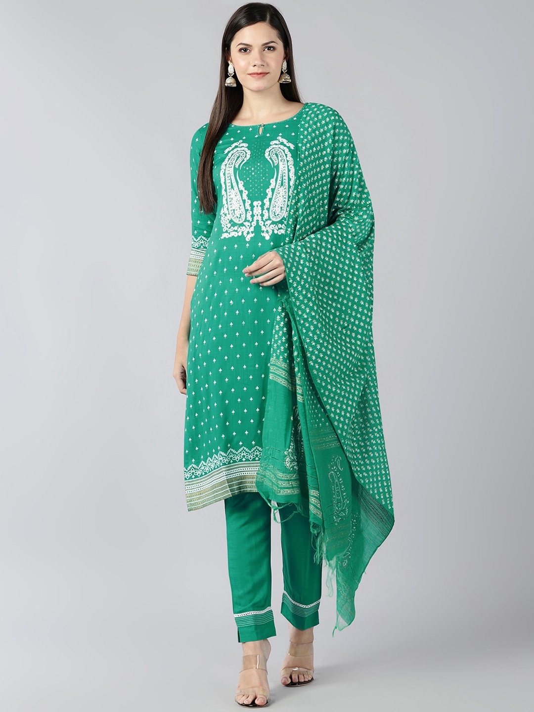 

Bani Women Green Ethnic Motifs Printed Liva Kurta with Trousers & Dupatta