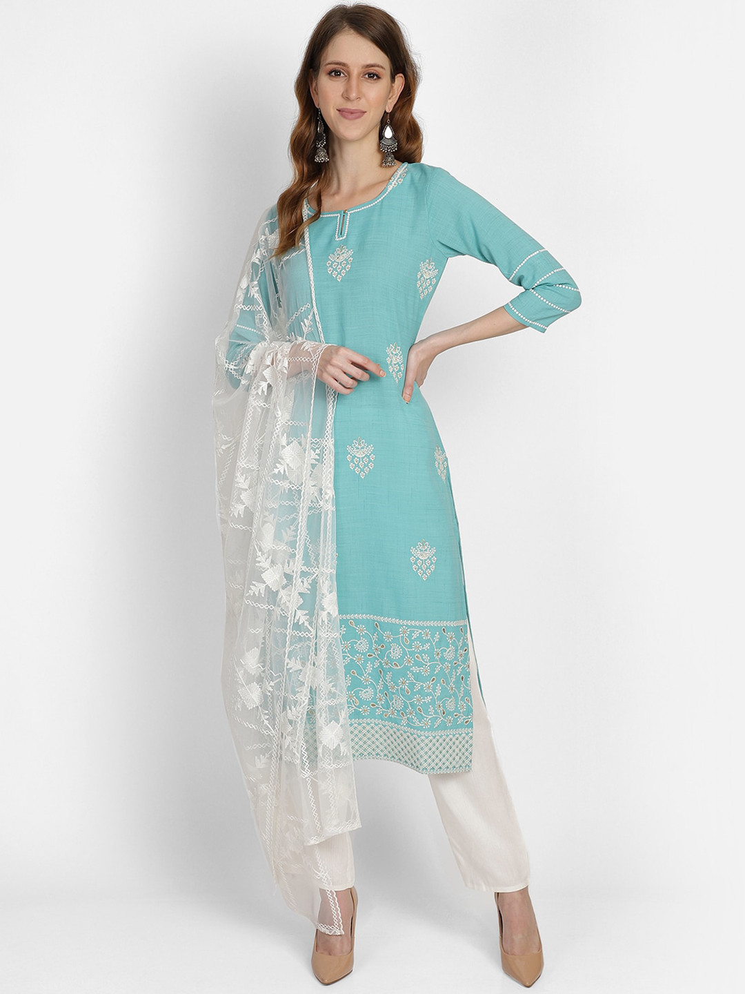 

Bani Women Green Ethnic Motifs Embroidered Kurti with Trousers & With Dupatta