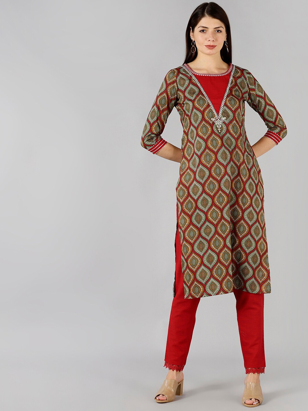 

Bani Women Red Ethnic Motifs Pure Cotton Kurta with Trousers & With Dupatta