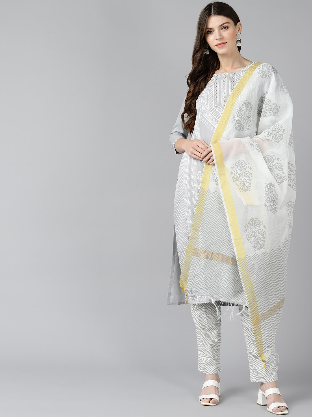 

Bani Women Grey Layered Liva Kurta with Trousers & With Dupatta
