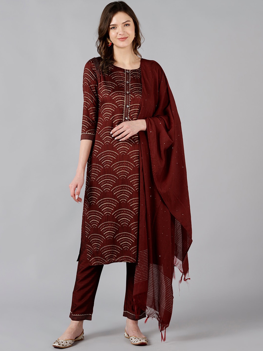 

Bani Women Maroon Ethnic Motifs Printed Liva Kurta with Trousers & Dupatta
