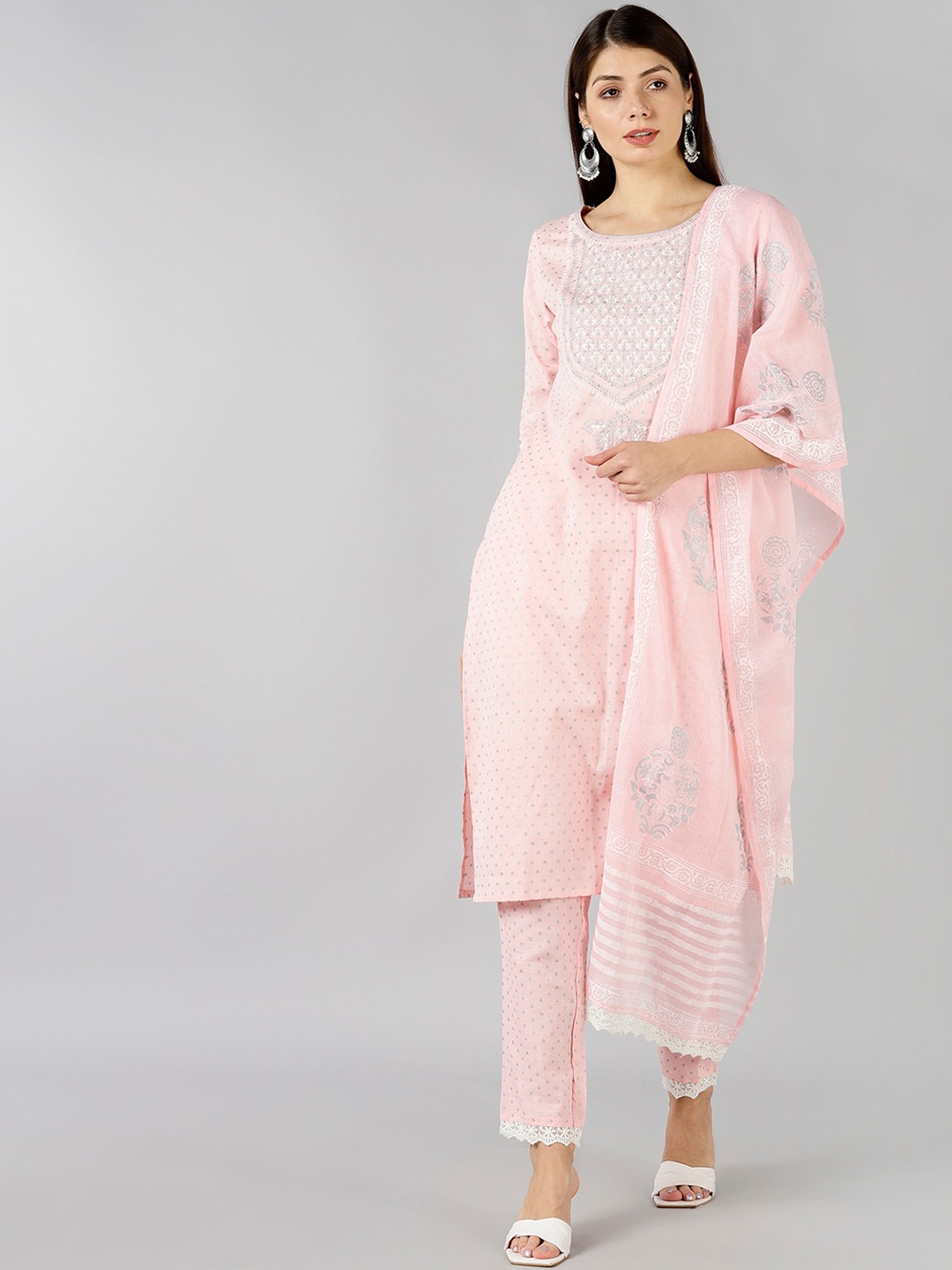 

Bani Women Pink Printed Panelled Pure Cotton Kurta with Trousers & With Dupatta