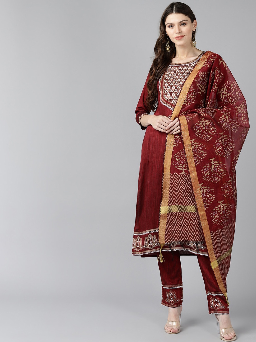 

Bani Women Red Ethnic Motifs Printed Liva Kurta Trousers With Dupatta