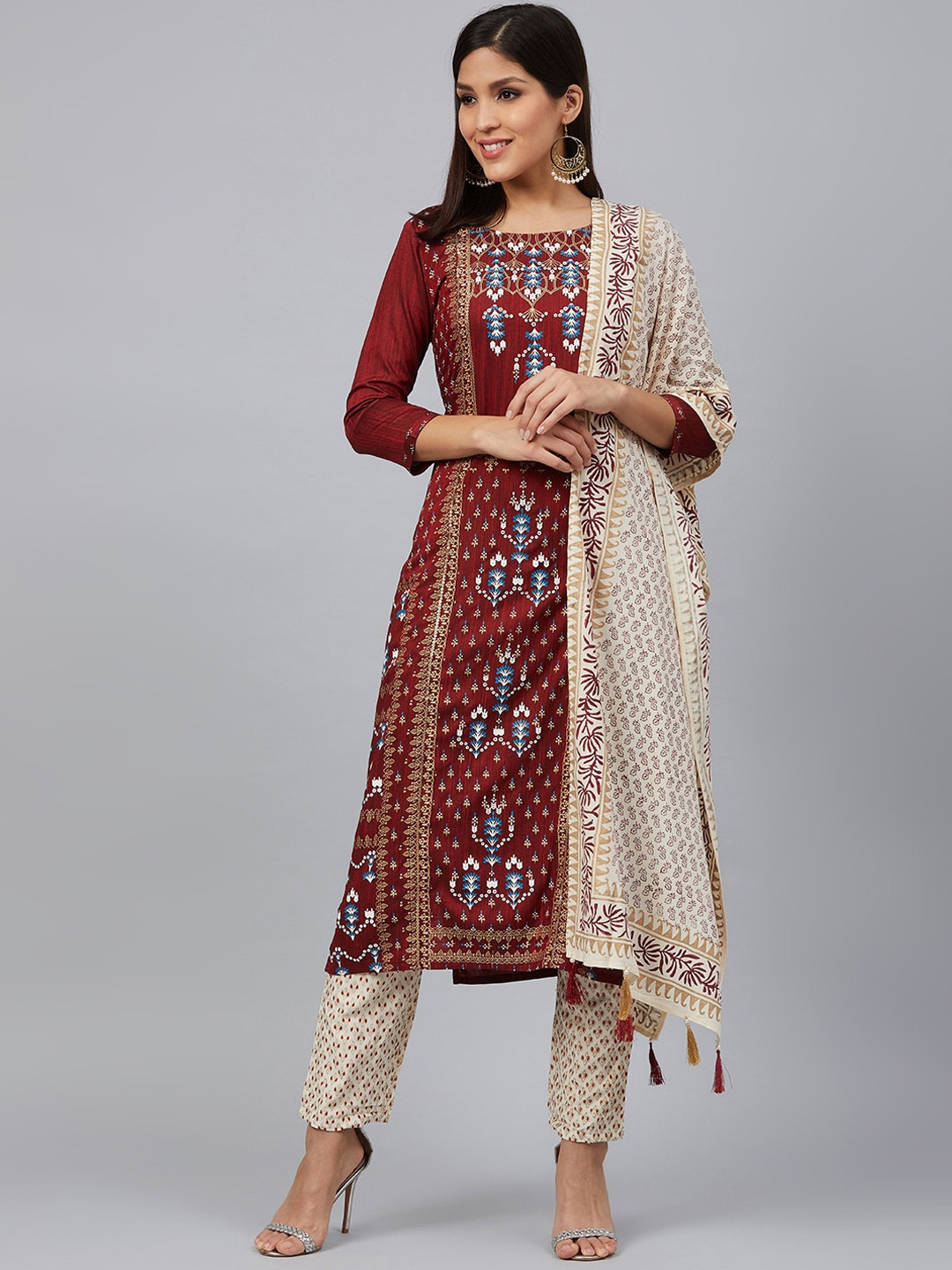

Bani Women Red Ethnic Motifs Printed Liva Kurti with Trousers & With Dupatta