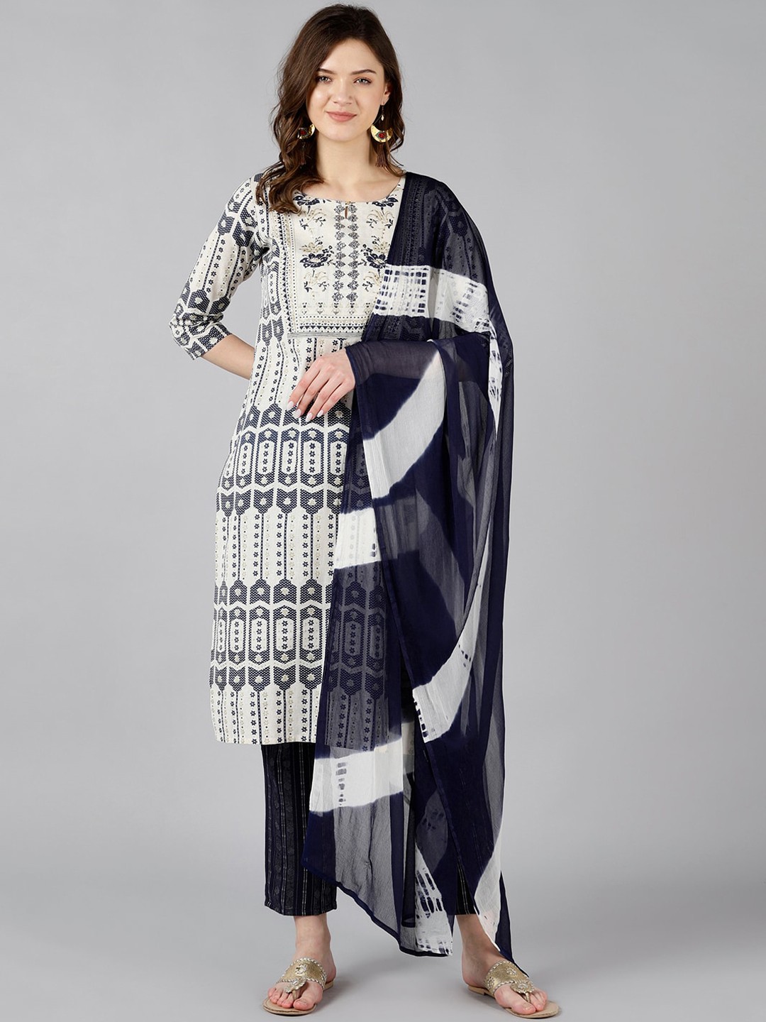 

Bani Women Off White Ethnic Motifs Printed Liva Kurta Trousers With Dupatta