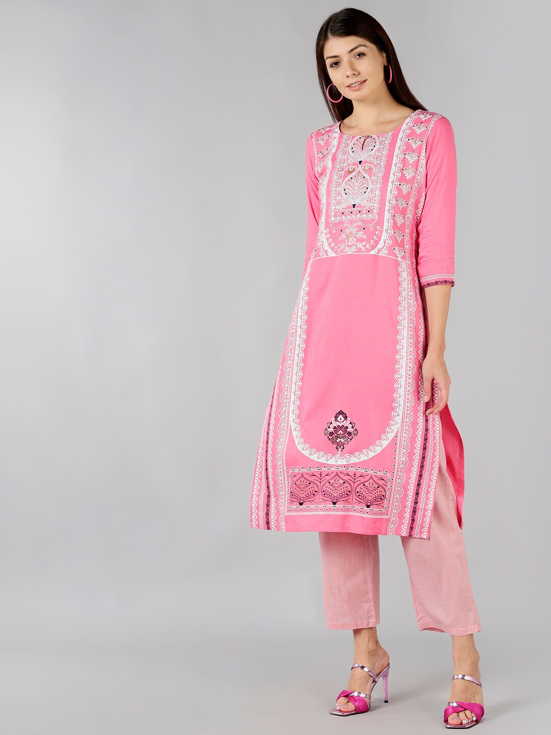 

Bani Women Pink Ethnic Motifs Printed Liva Kurta