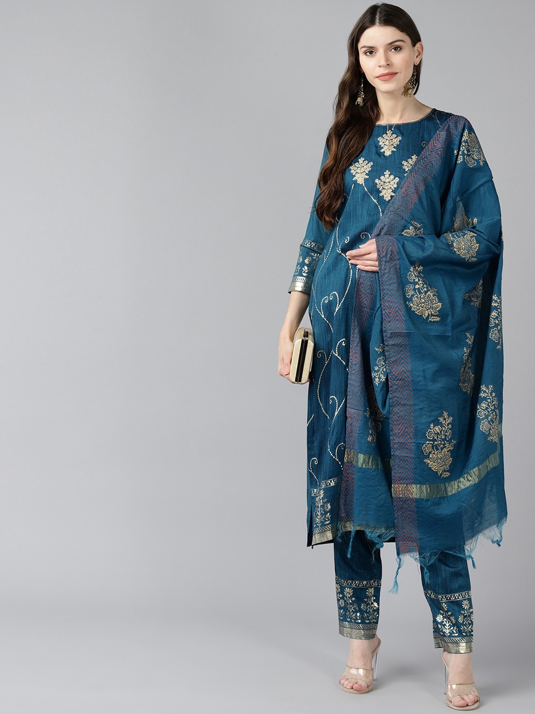 

Bani Women Blue Floral Embroidered Layered Sequinned Liva Kurta with Trousers & With Dupatta