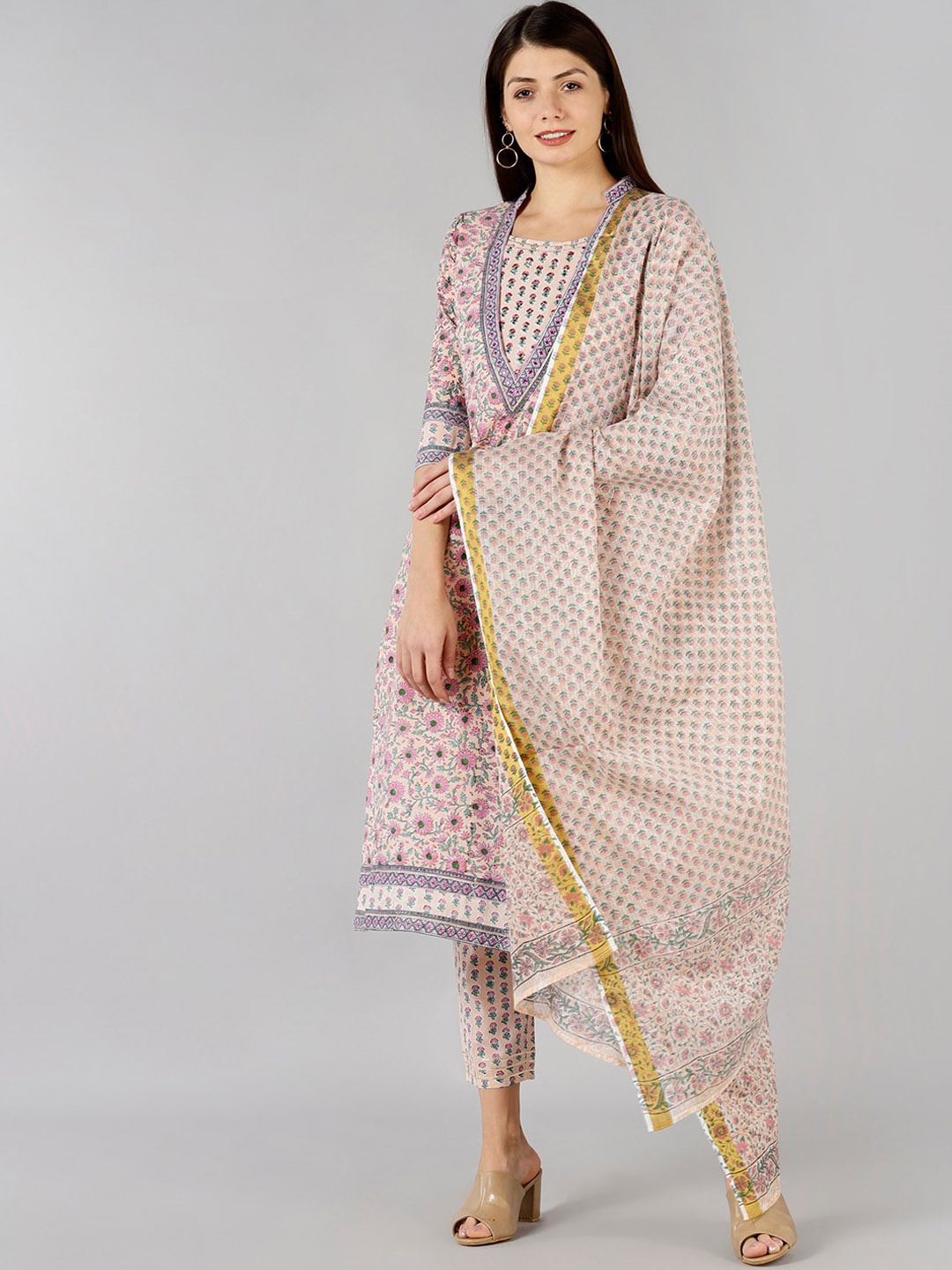 

Bani Women Beige Ethnic Motifs Printed Pure Cotton Kurta Trousers With Dupatta