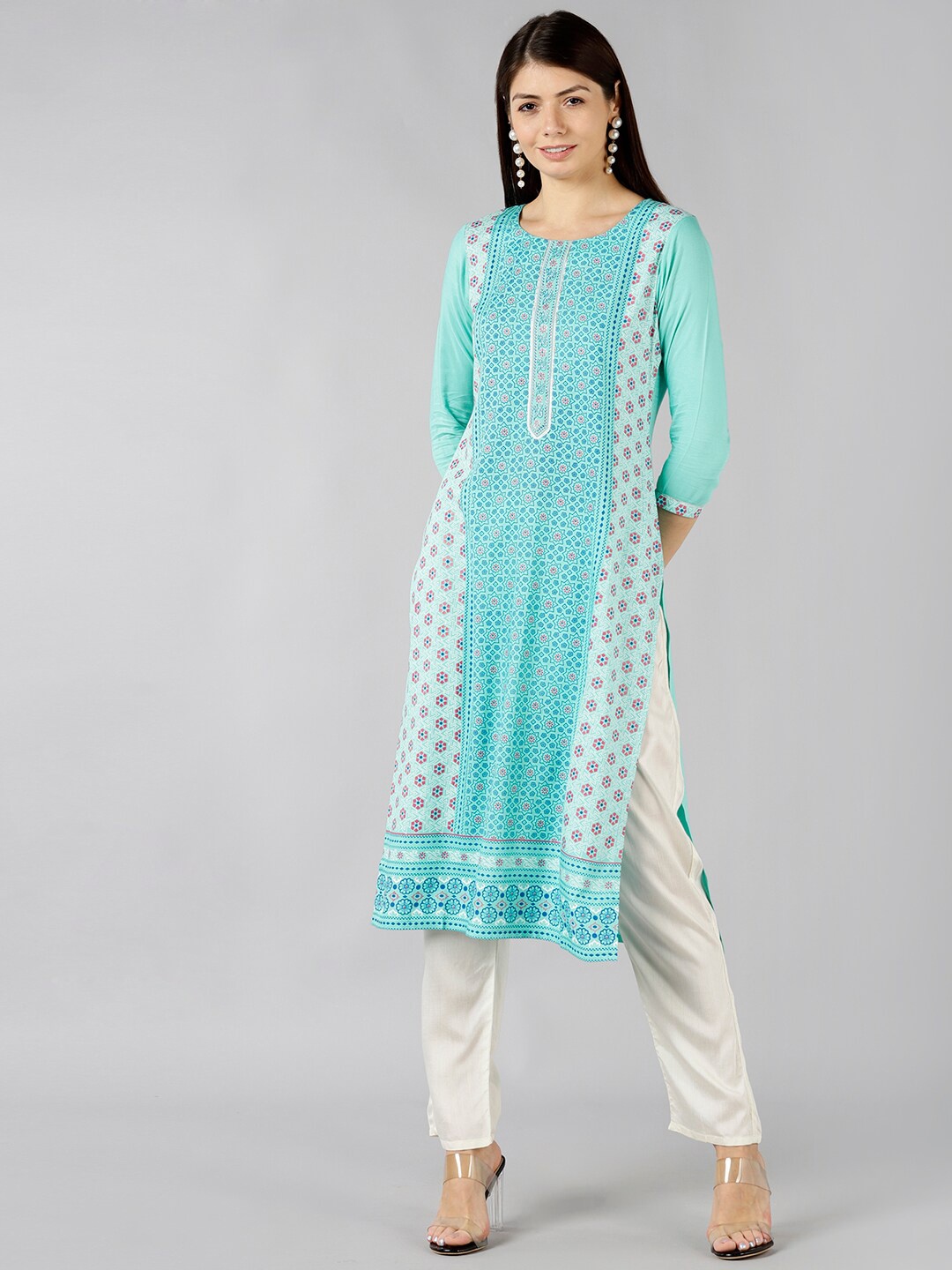 

Bani Women Blue & White Ethnic Motifs Printed Liva Kurta