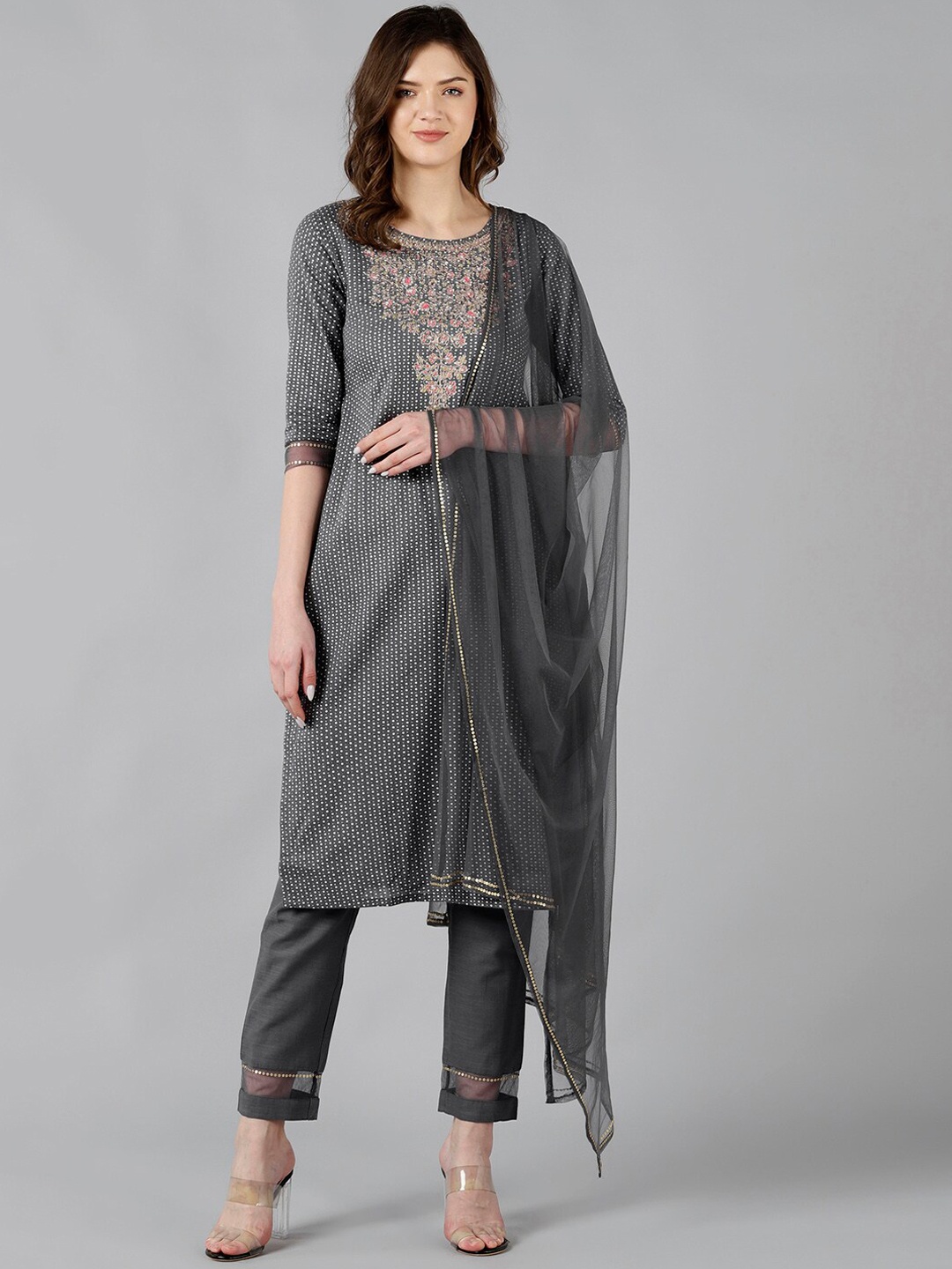 

Bani Women Grey Ethnic Motifs Panelled Liva Kurti with Trousers & With Dupatta