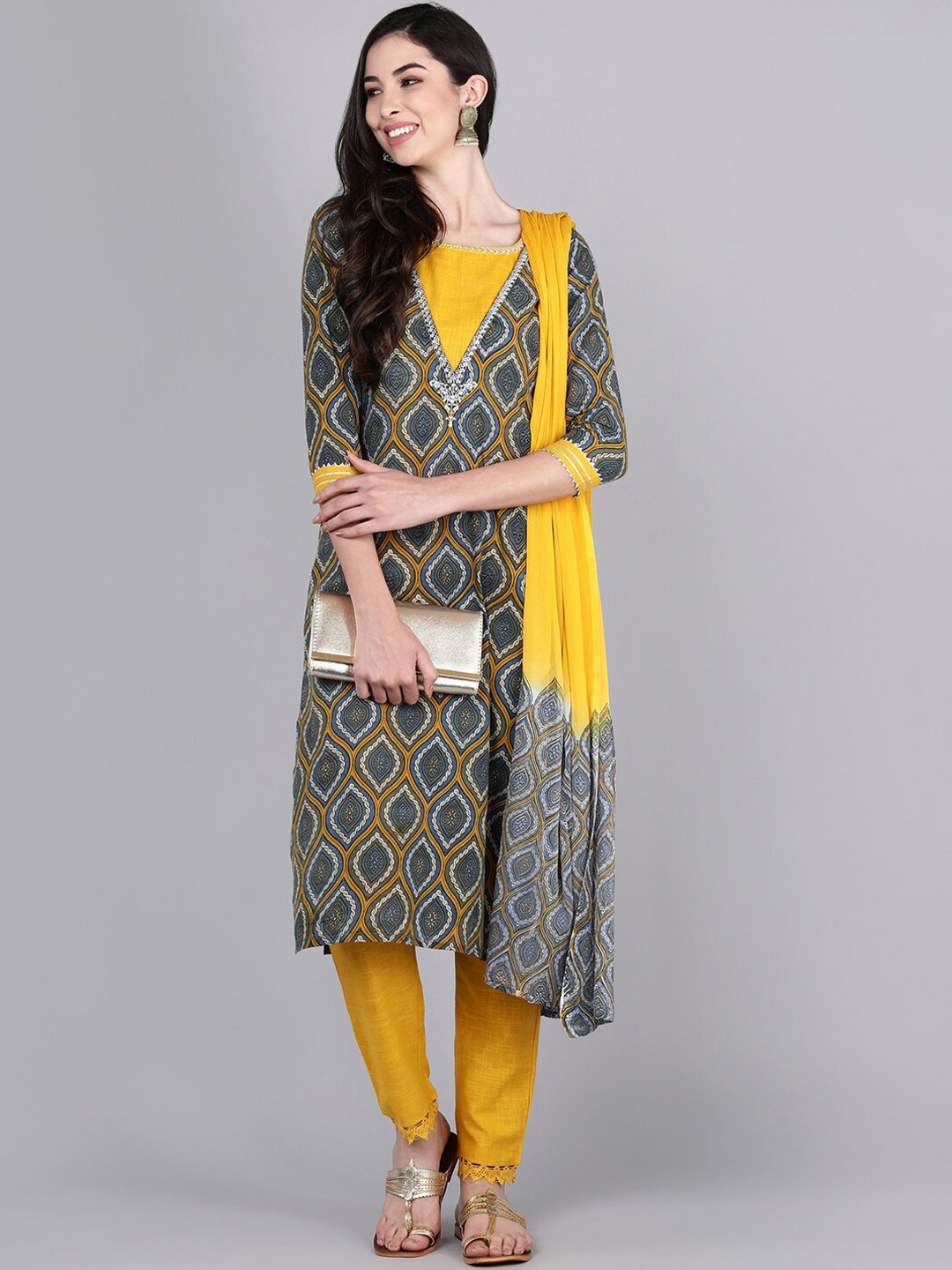 

Bani Women Yellow Ethnic Motifs Printed Pure Cotton Kurta Trousers With Dupatta