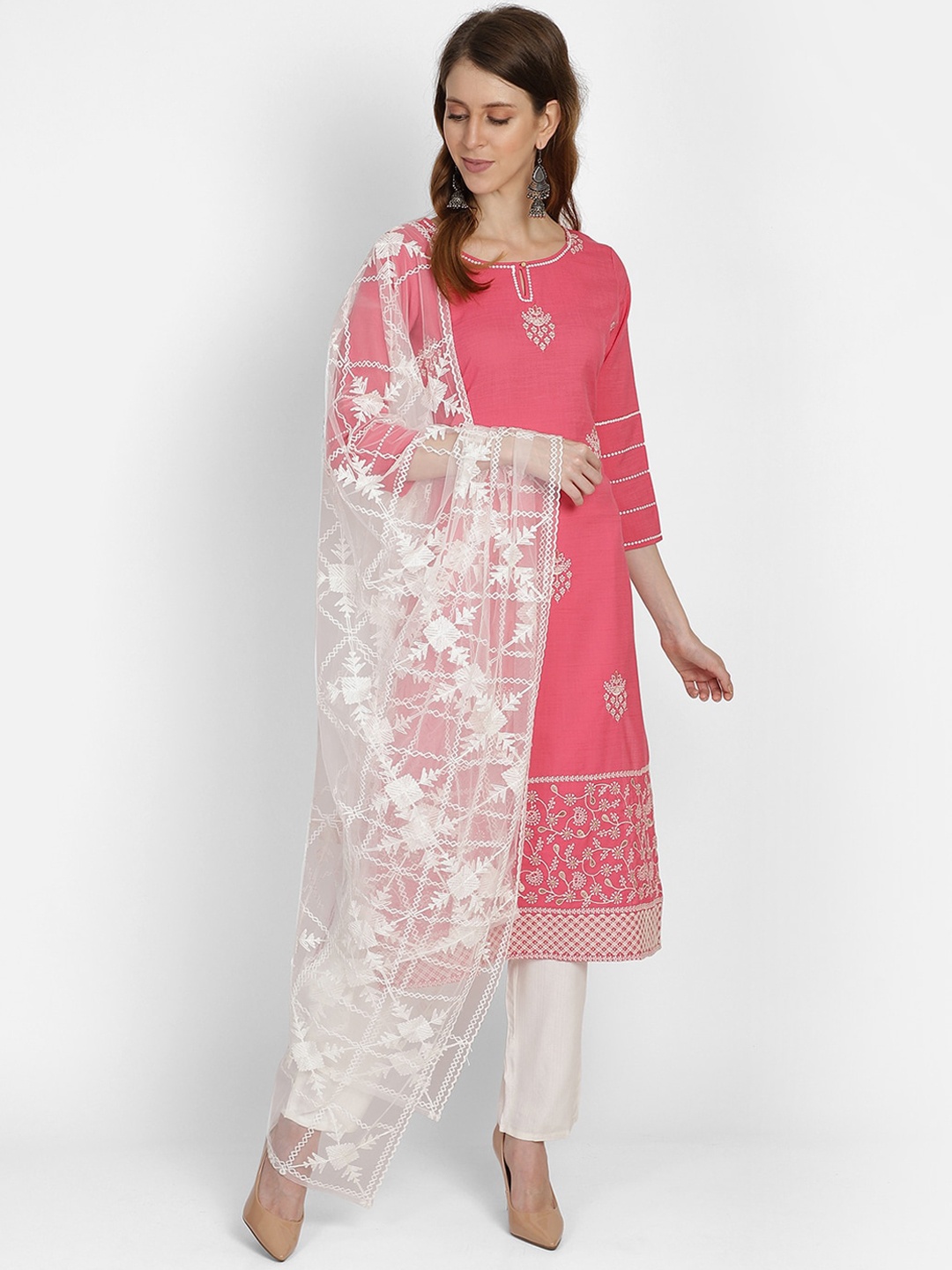

Bani Women Pink Floral Embroidered Thread Work Kurta with Trousers & With Dupatta