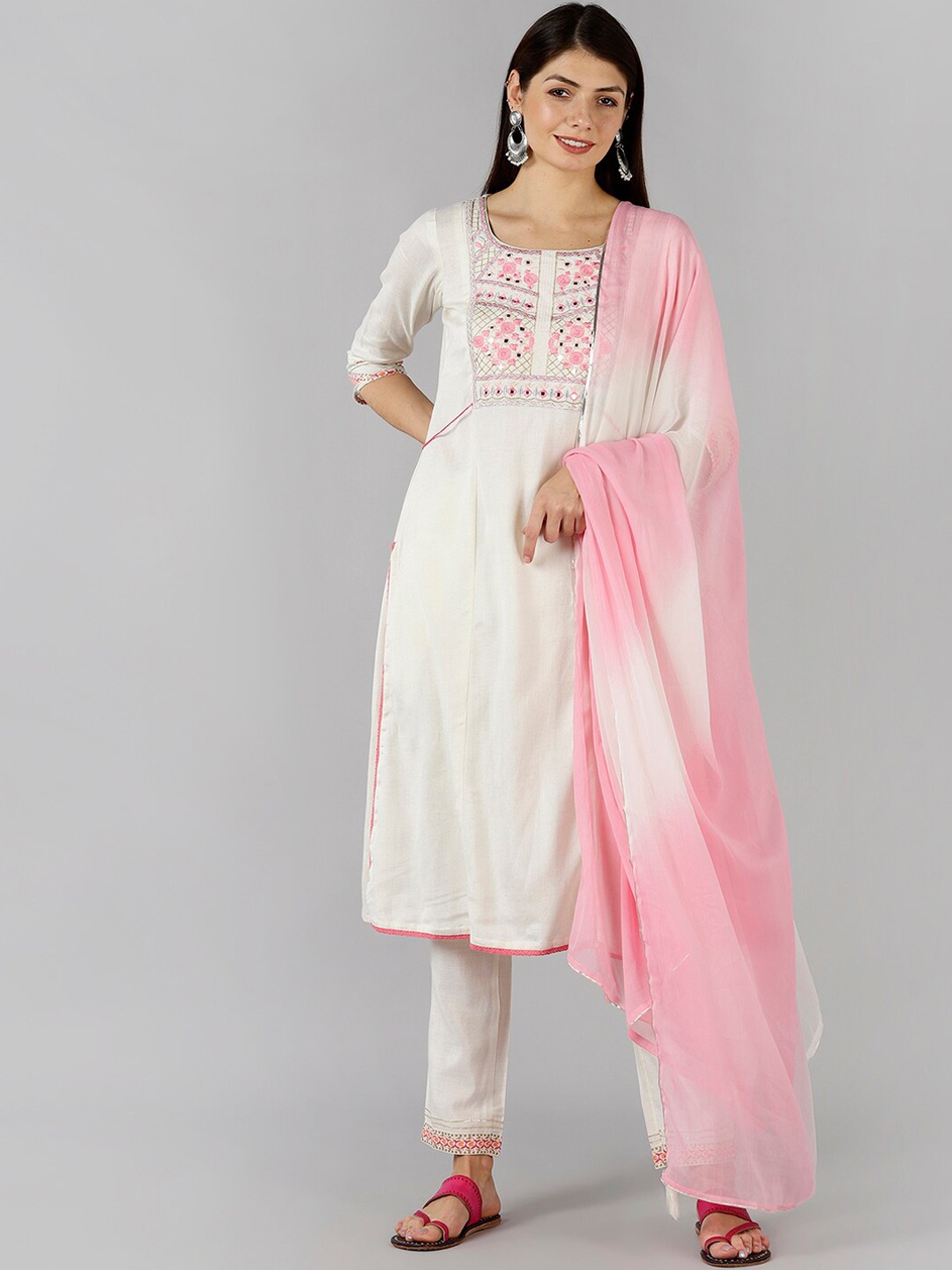 

Bani Women Off White Ethnic Motifs Embroidered Mirror Work Liva Kurta Trousers With Dupatta