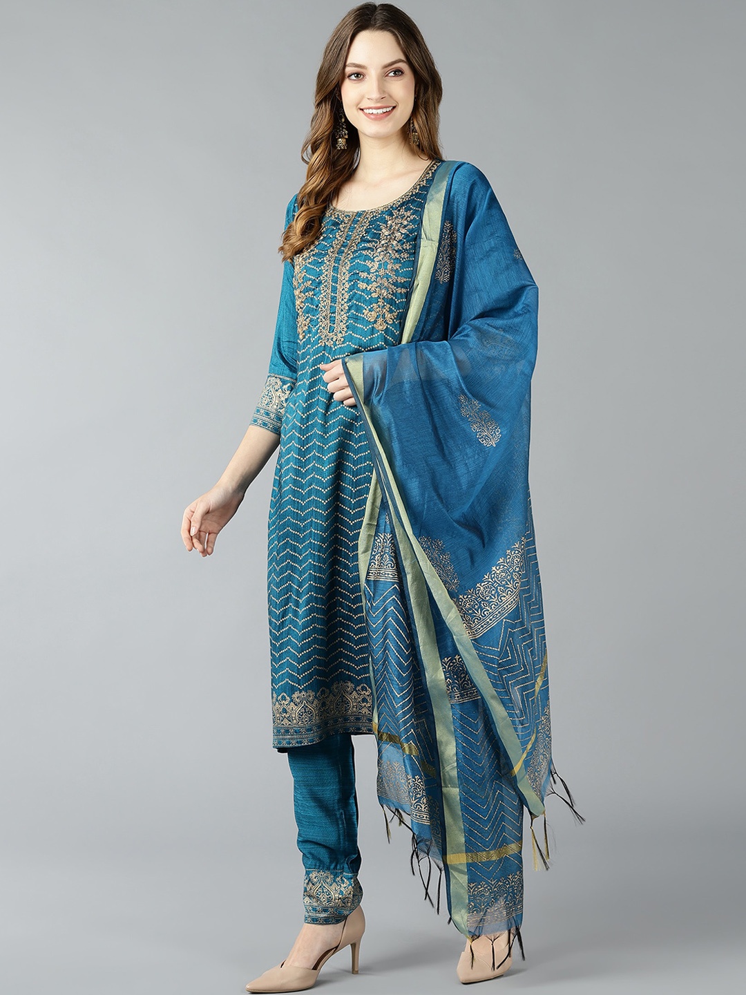 

Bani Women Blue Ethnic Motifs Printed Layered Kurta with Trousers & With Dupatta