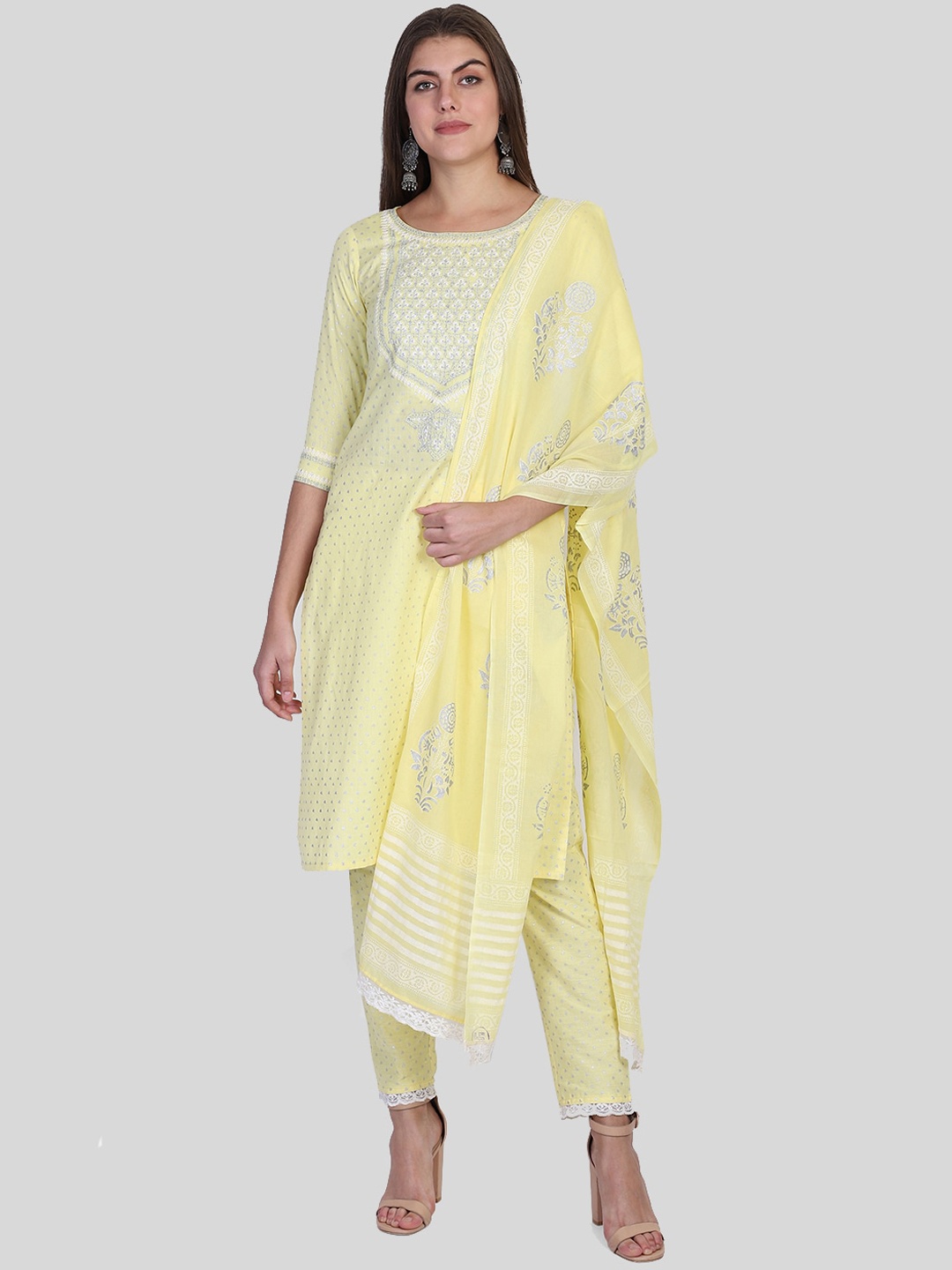 

Bani Women Yellow Embroidered Layered Liva Kurti with Trousers & With Dupatta