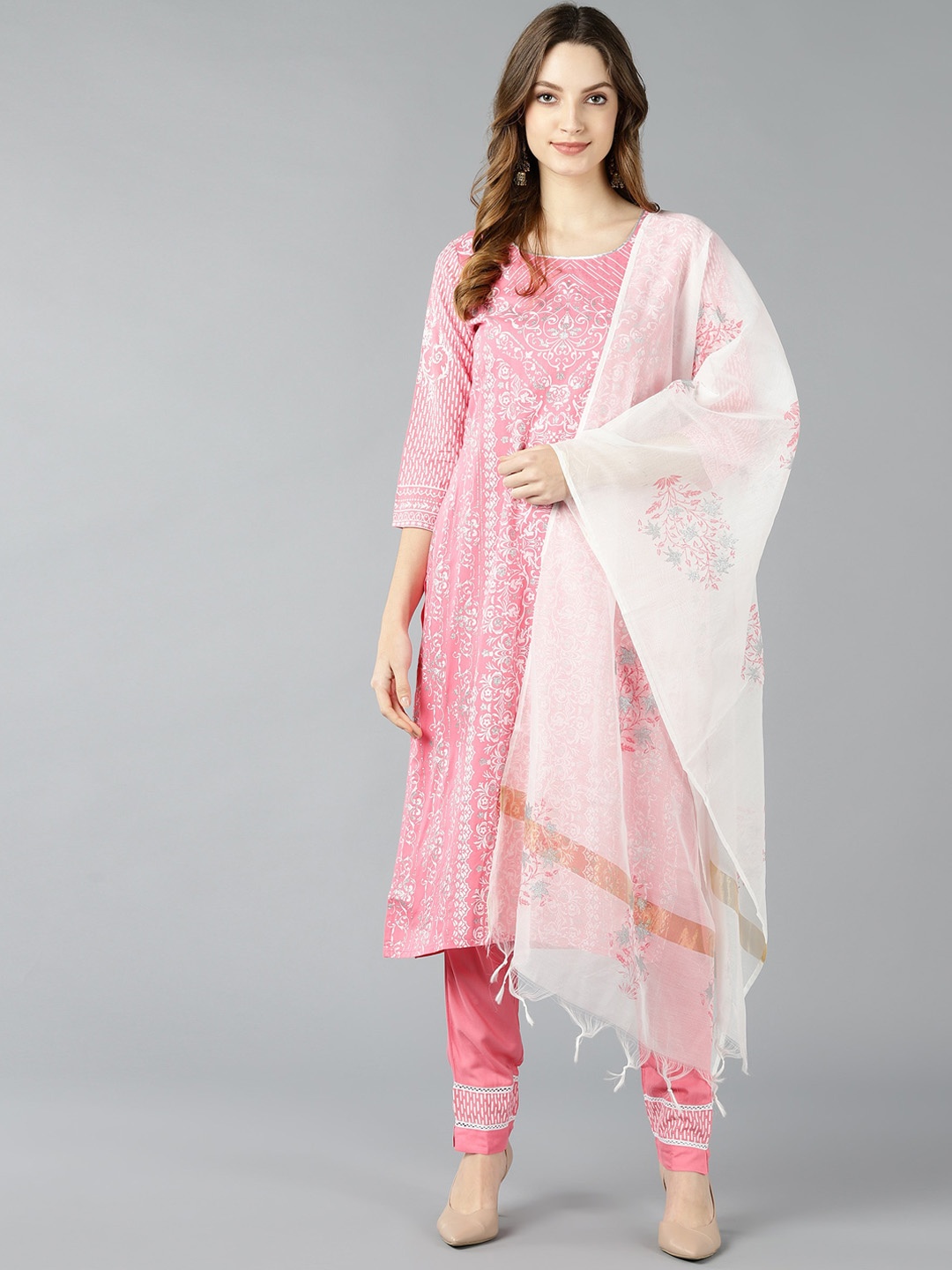 

Bani Women Pink Ethnic Motifs Printed Liva Kurta Churidar With Dupatta