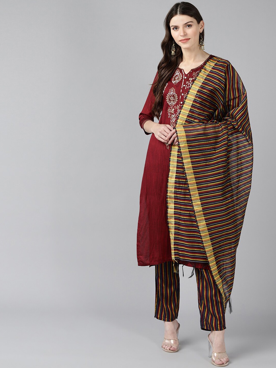 

Bani Women Multicoloured Embroidered Beads and Stones Liva Kurti with Trousers & With Dupatta, Multi