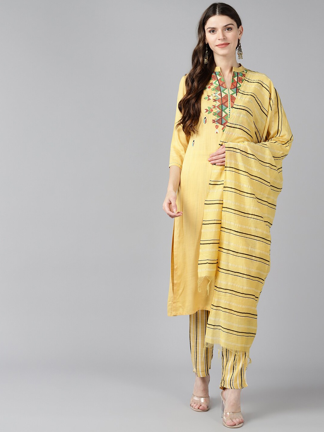 

Bani Women Yellow Striped Pleated Liva Kurti with Trousers